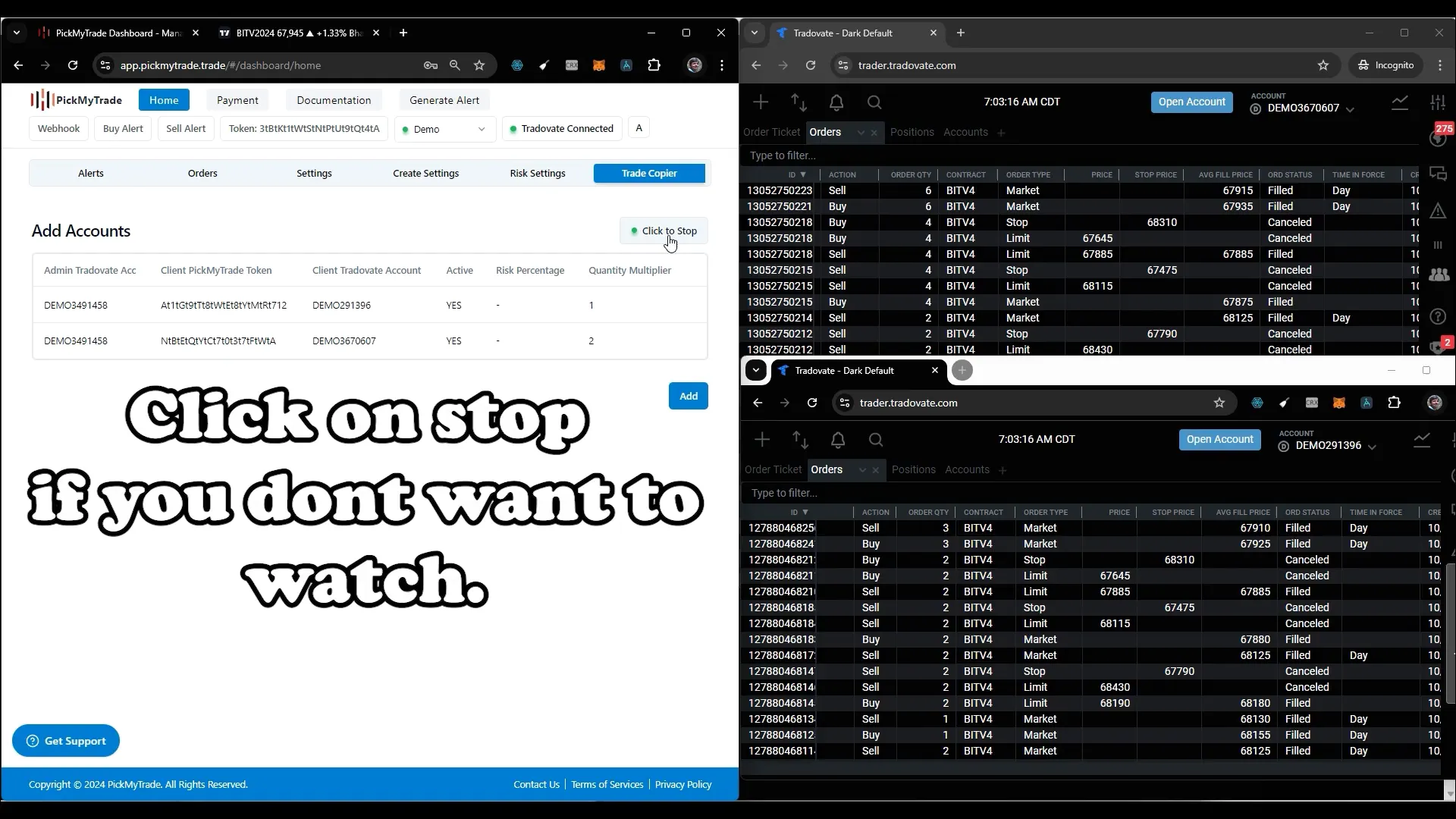 Stopping trade copying in PickMyTrade