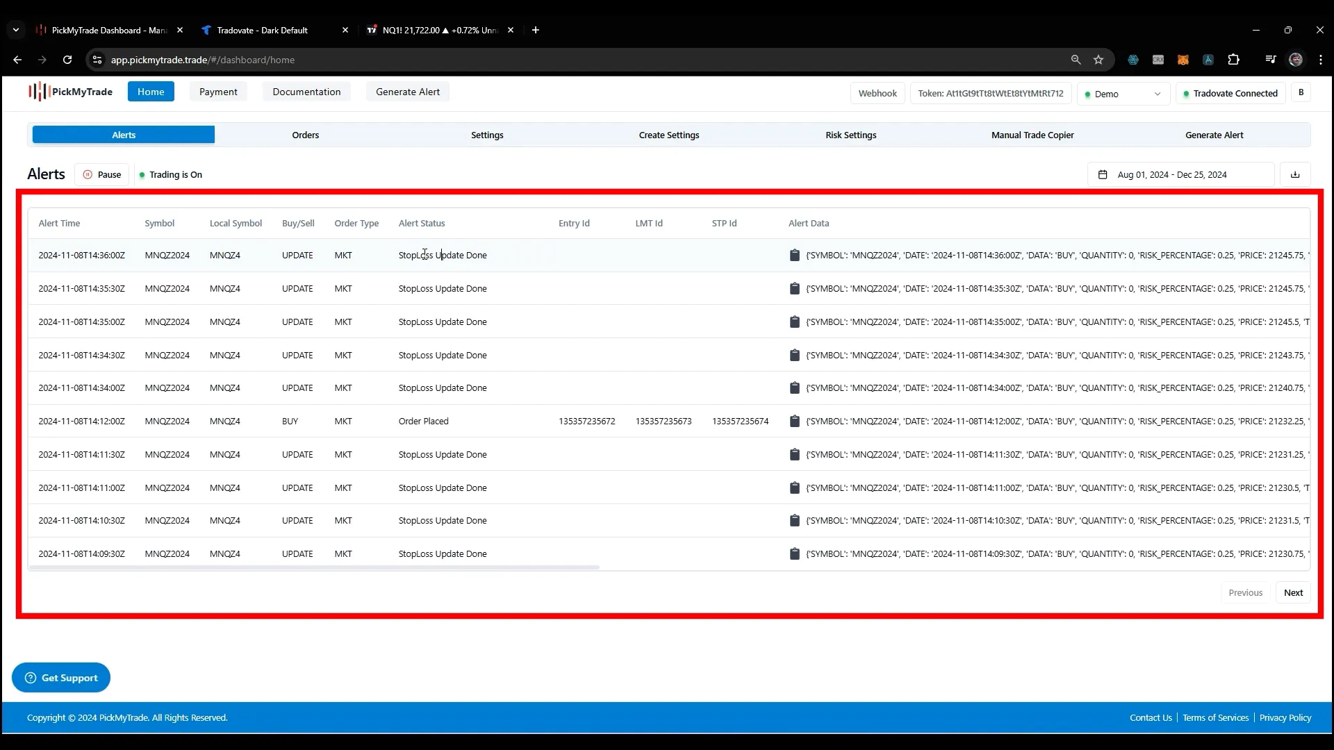 Checking alerts in PickMyTrade