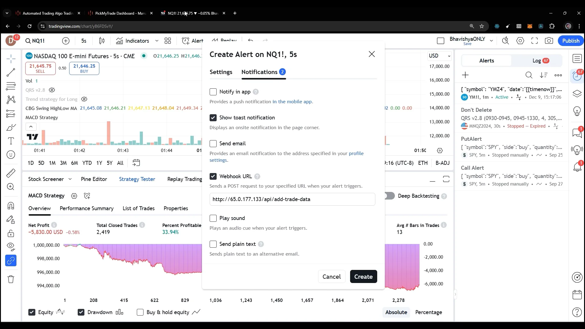 Creating alerts in TradingView