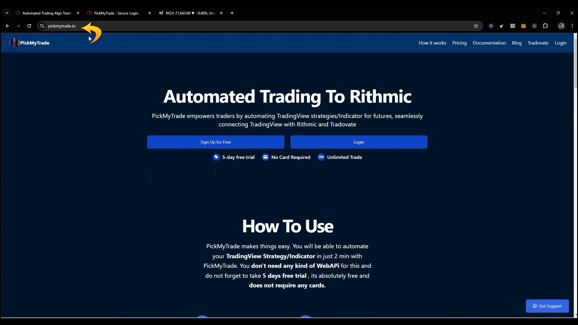 PickMyTrade login page