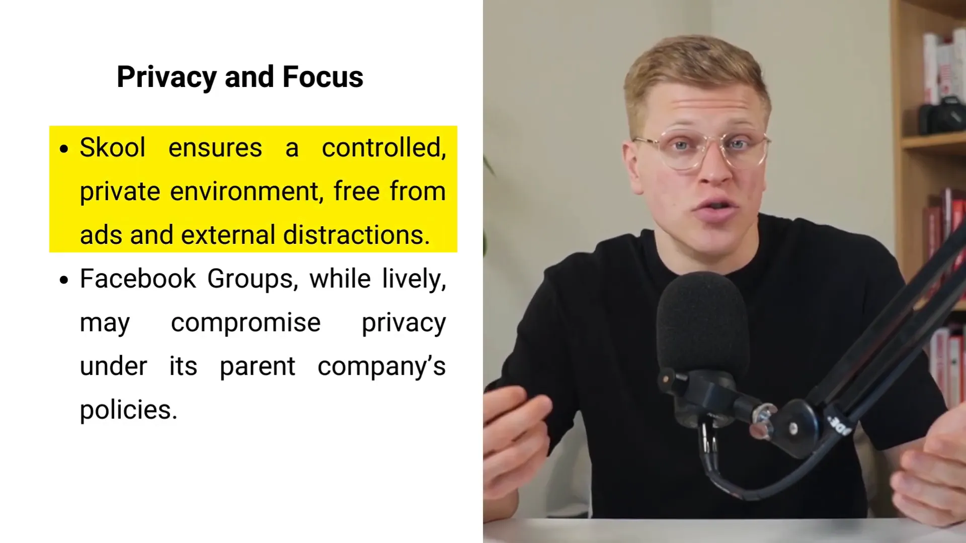 Privacy and focus comparison between Skool and Facebook groups
