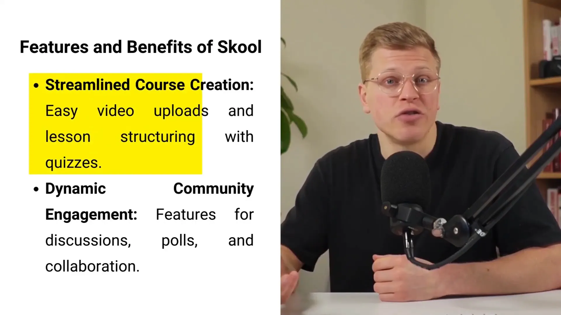 Skool's course builder interface with video upload and quizzes