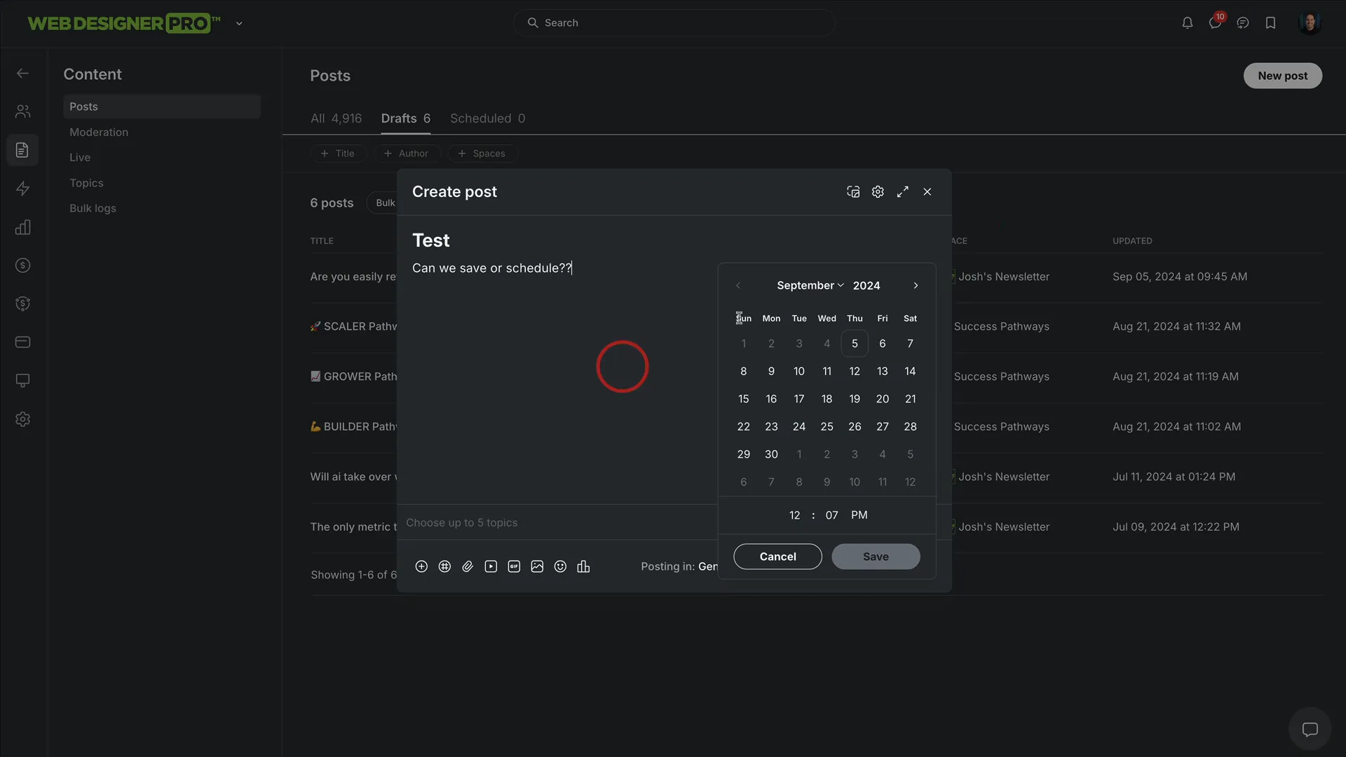 Post scheduling and draft saving in Circle