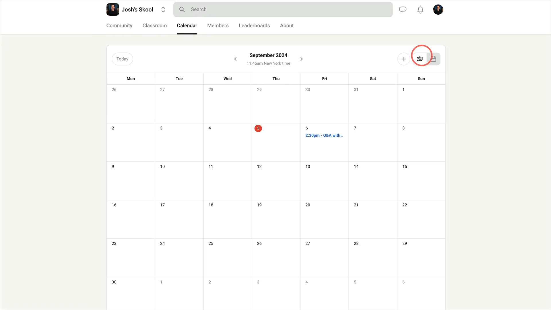 Circle community events calendar view