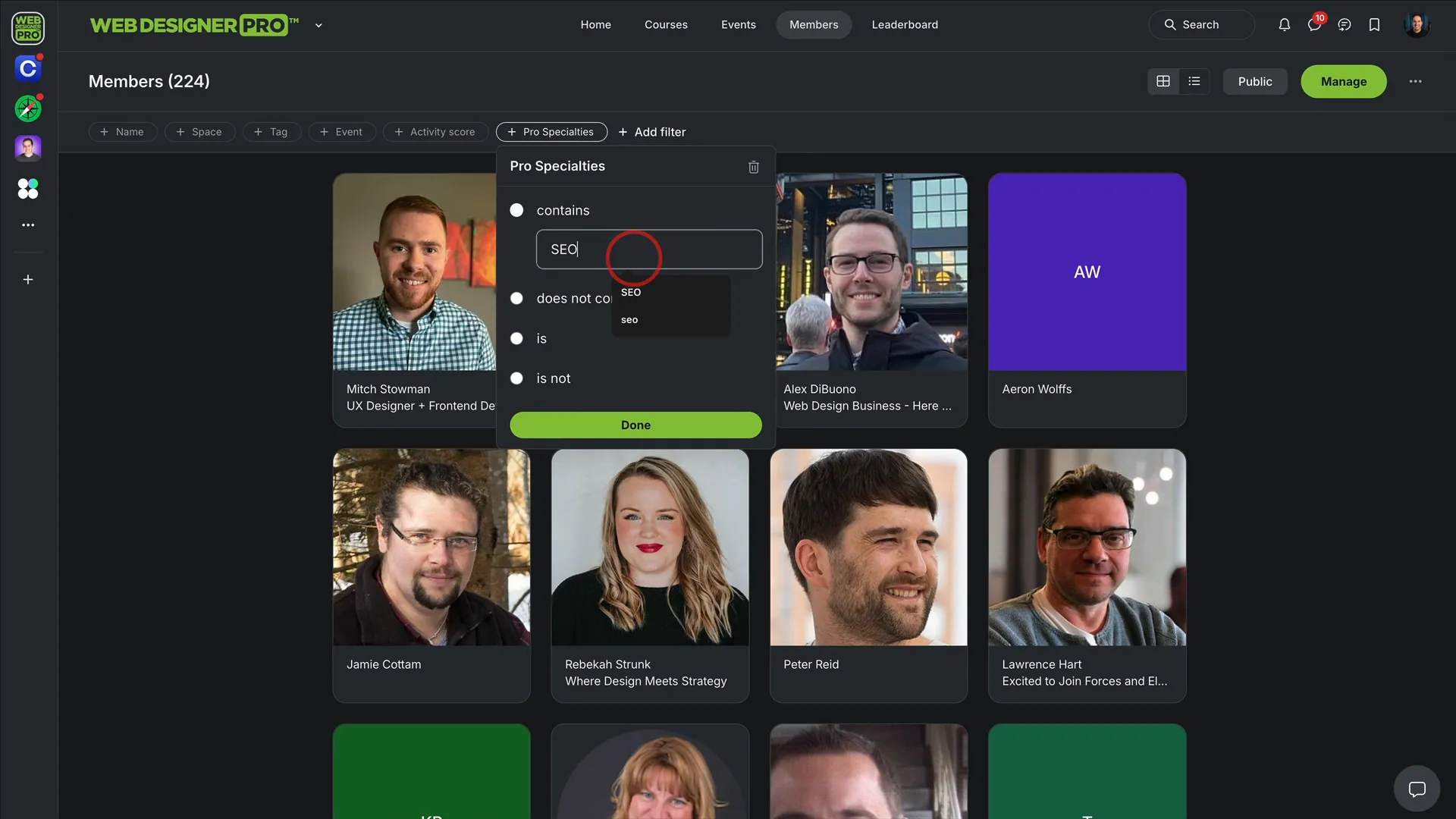 Member directory with filters in Circle