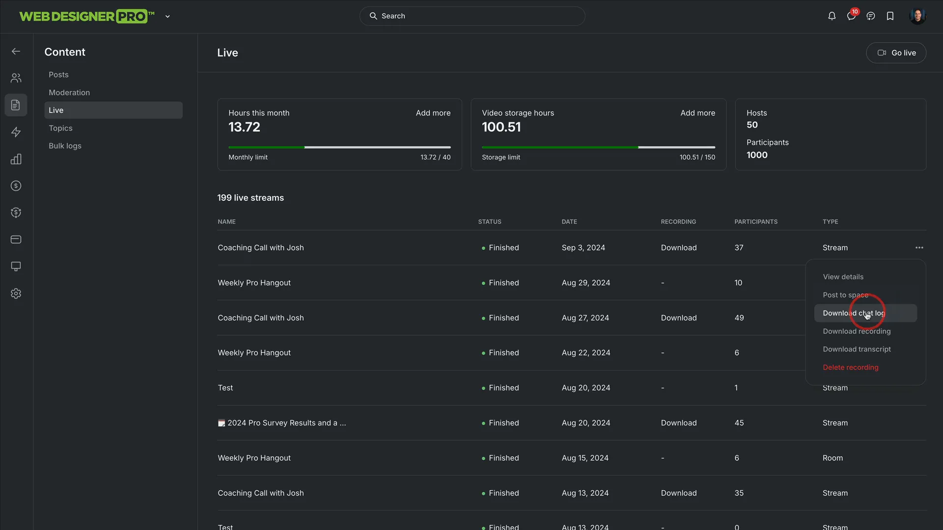 Live streaming interface in Circle