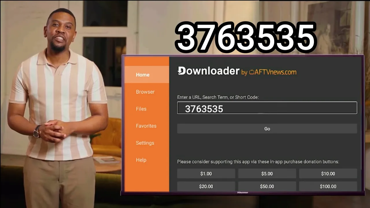 Downloader by AFTVnews.com showing Dashboard code 3763535 in the entry field
