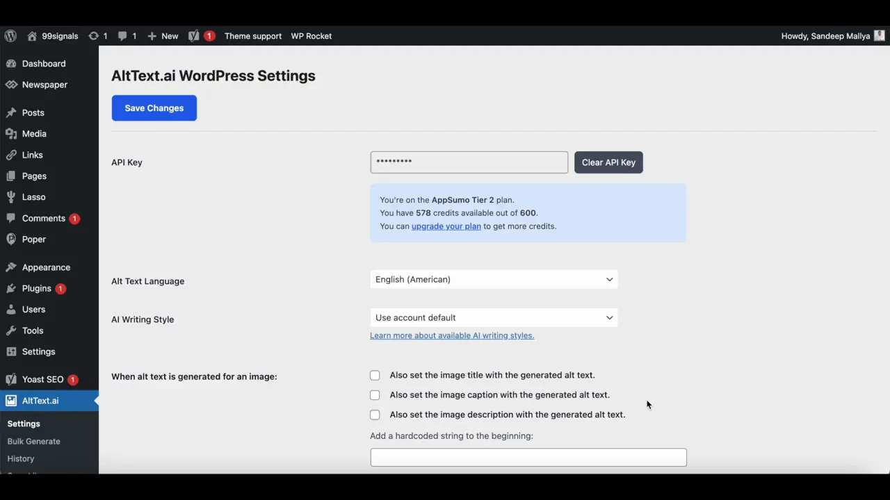 AltText.ai WordPress settings screen showing API key field, available credits, language and AI writing style dropdowns and options for setting generated alt text.