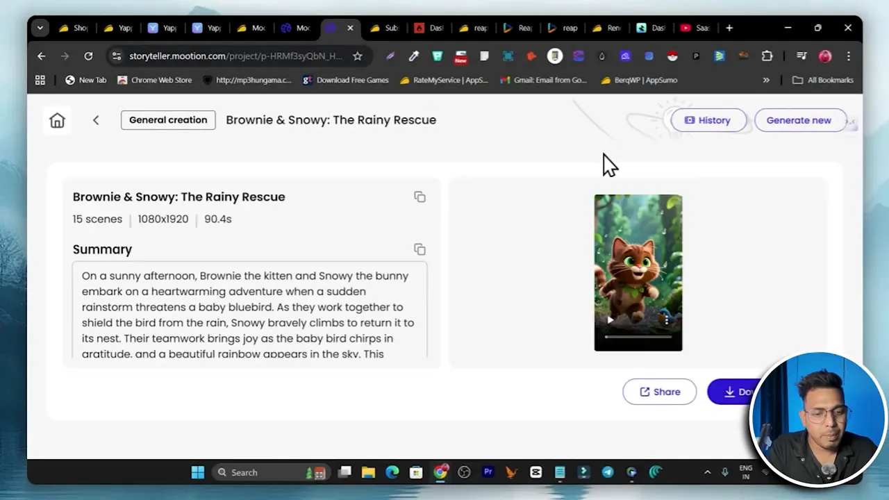 Mootion project dashboard titled 'Brownie & Snowy: The Rainy Rescue' showing summary text, 15 scenes/1080x1920 info, and a vertical preview thumbnail with presenter overlay.