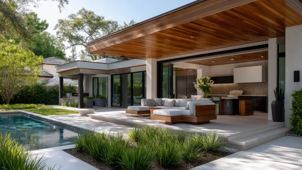 Covered lanai with timber-lined ceiling, outdoor sectional sofa and adjacent reflective swimming pool