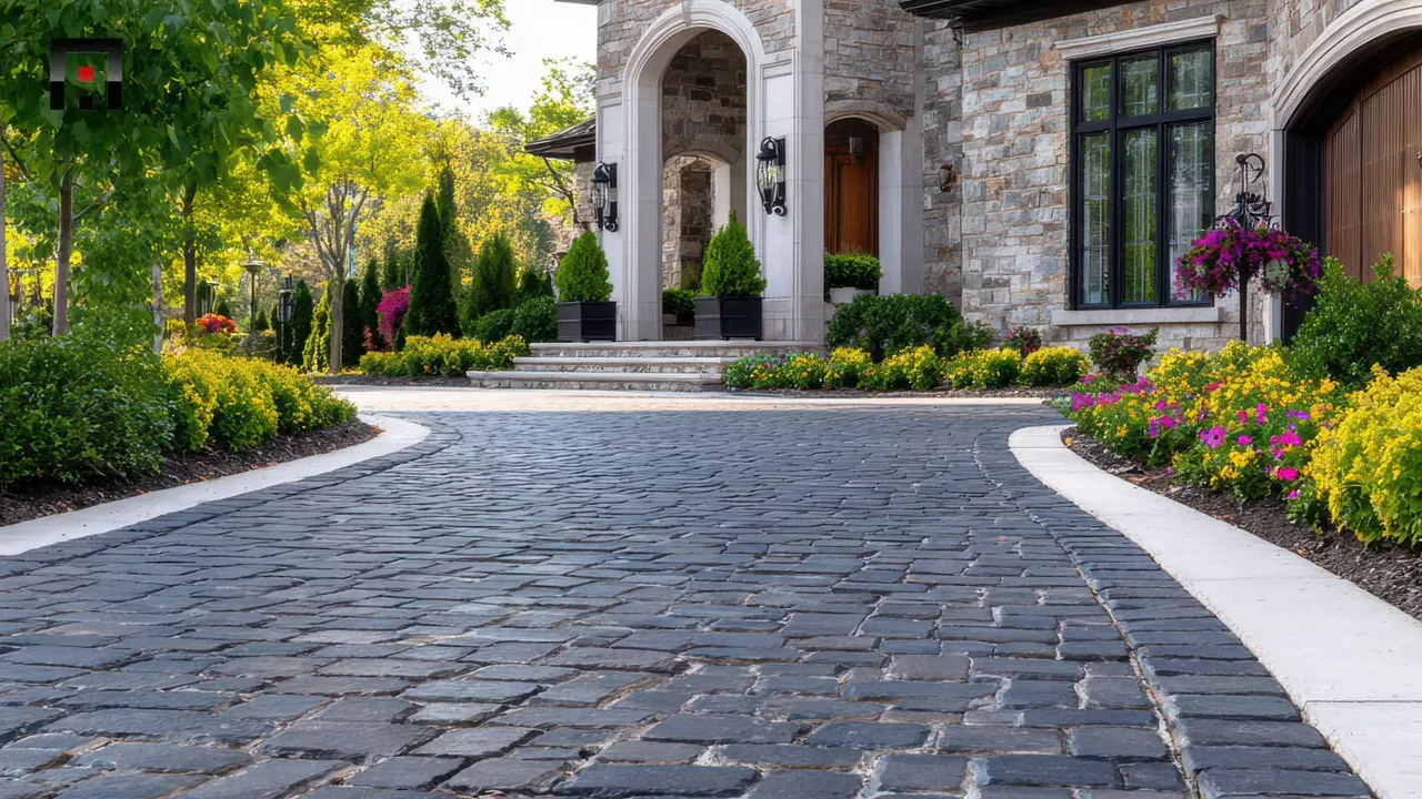 Close-up of dark stone pavers forming a curved path to a house entrance with neat hedges and bright flower borders.