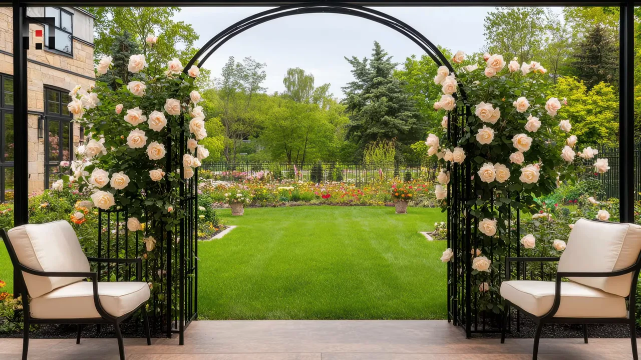 Wrought iron garden arch covered in pale climbing roses framing a green lawn and two chairs