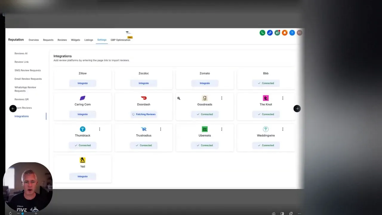 GFunnel's integration settings showing multiple platforms connected