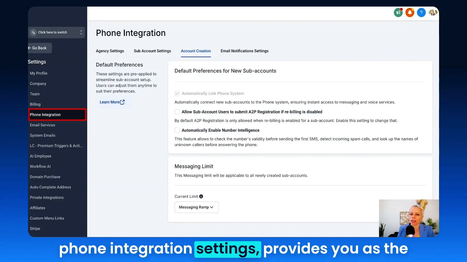 Agency account settings and phone integrations menu