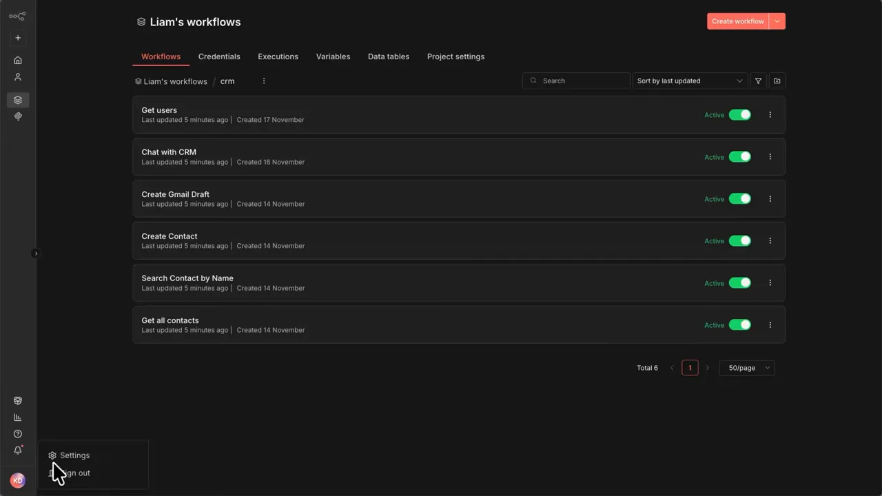 N8N workflows list showing 'Get users', 'Chat with CRM', 'Create Gmail Draft', 'Create Contact', 'Search Contact by Name' and 'Get all contacts' with active toggles
