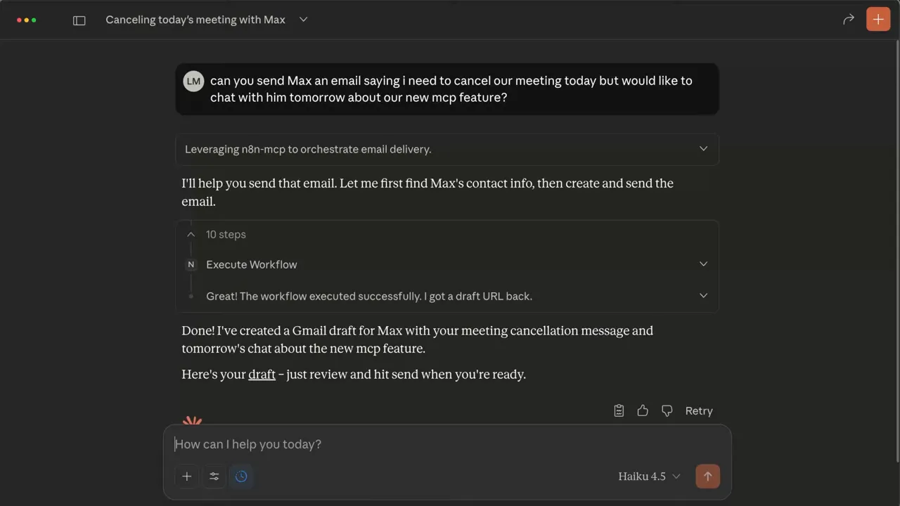 AI assistant interface showing a successful workflow execution message and a created Gmail draft link.