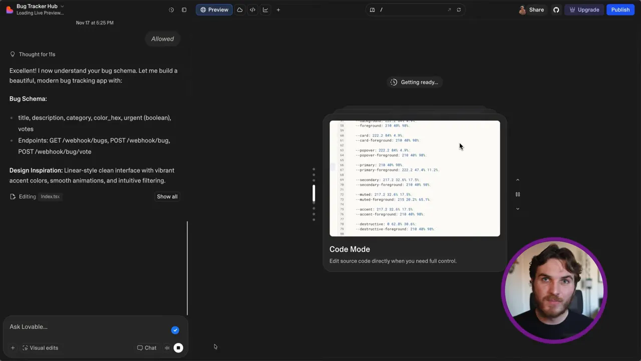 Dark UI screenshot showing the bug-tracker schema and endpoints on the left and a 'Code Mode' preview of generated code on the right, with an assistant avatar overlay.