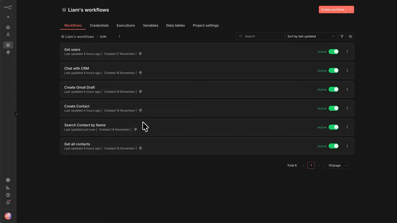 N8N workflows list including 'Search Contact by Name' and 'Get all contacts'