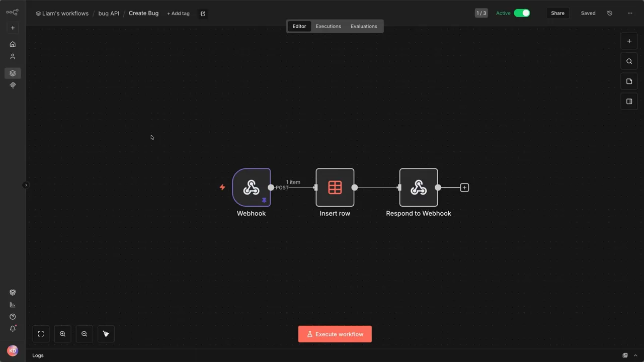 N8N canvas showing connected nodes: Webhook, Insert row, and Respond to Webhook