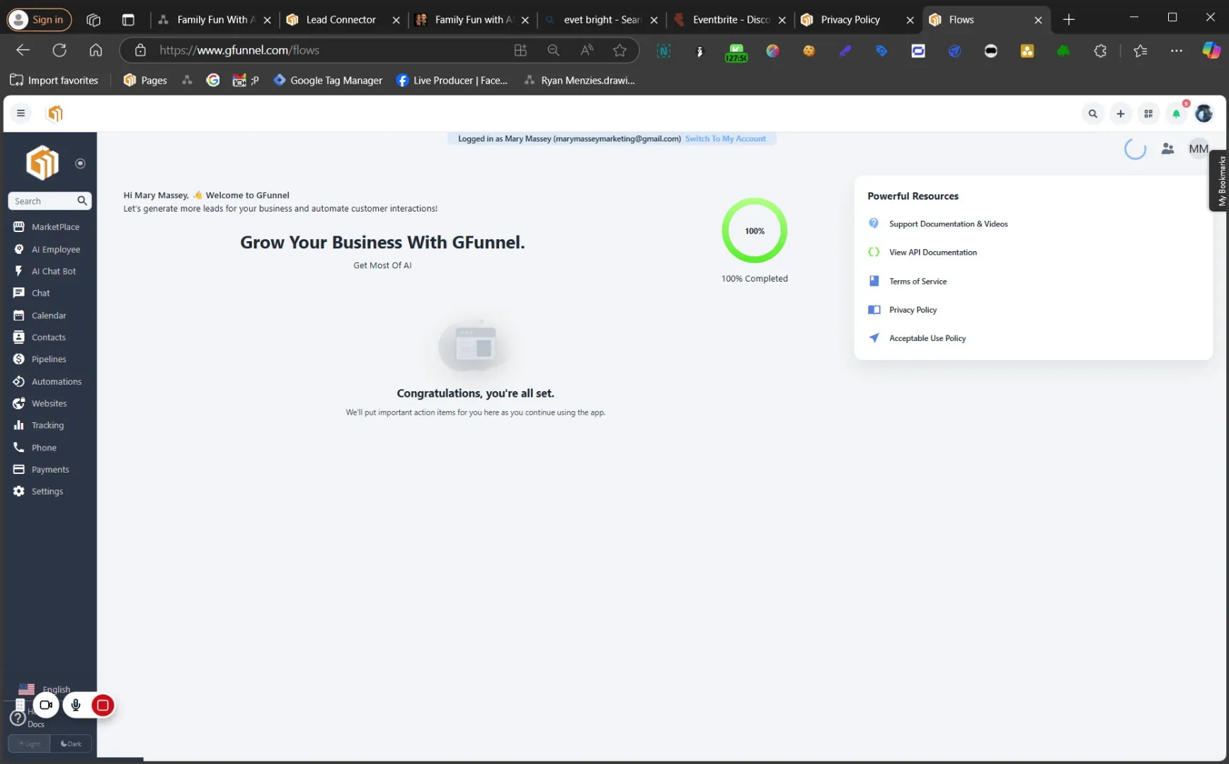 GFunnel dashboard showing AI employee management interface