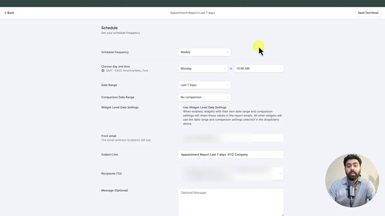 Tela de configuração de agendamento de relatório mostrando frequência (Weekly), dia, horário, intervalo de datas, assunto e destinatários.