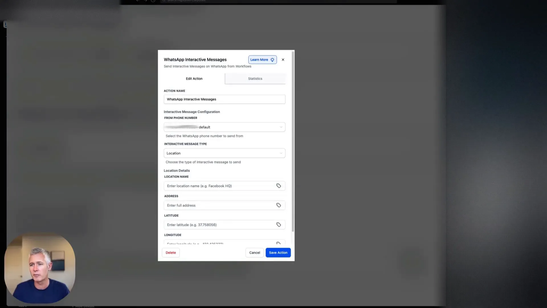 Instruction to search support docs for 'WhatsApp interactive messages' in help center