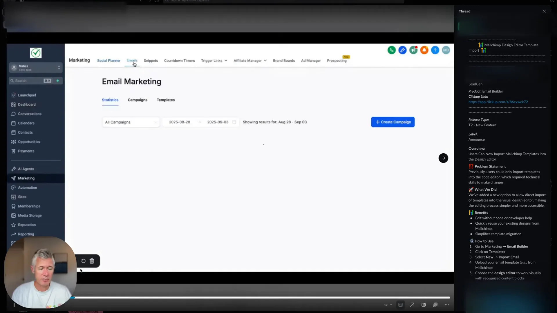 Marketing dashboard navigation showing Marketing > Emails