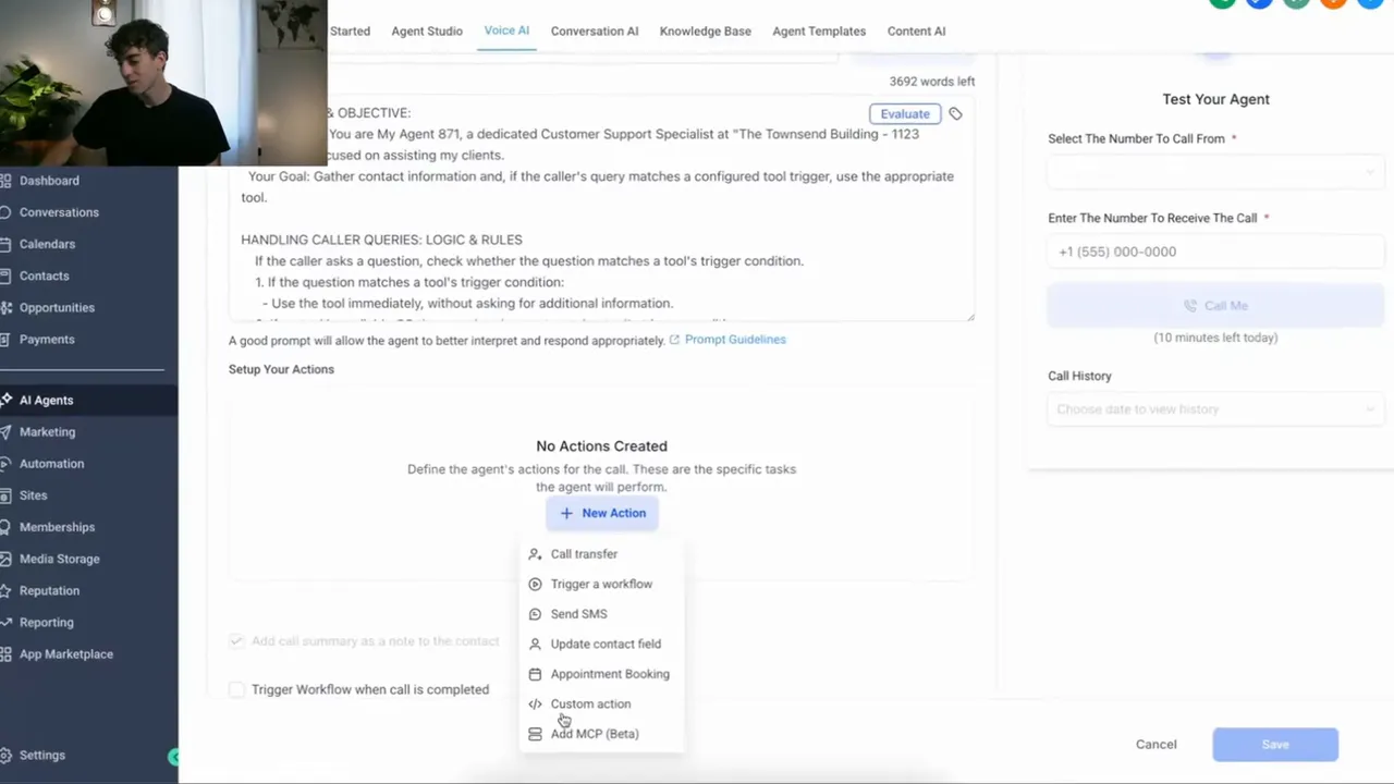 GFunnel product interface showing the Voice AI agent setup page with left navigation, main prompt area and a visible action menu including 'New Action' and options like Call transfer and Send SMS.