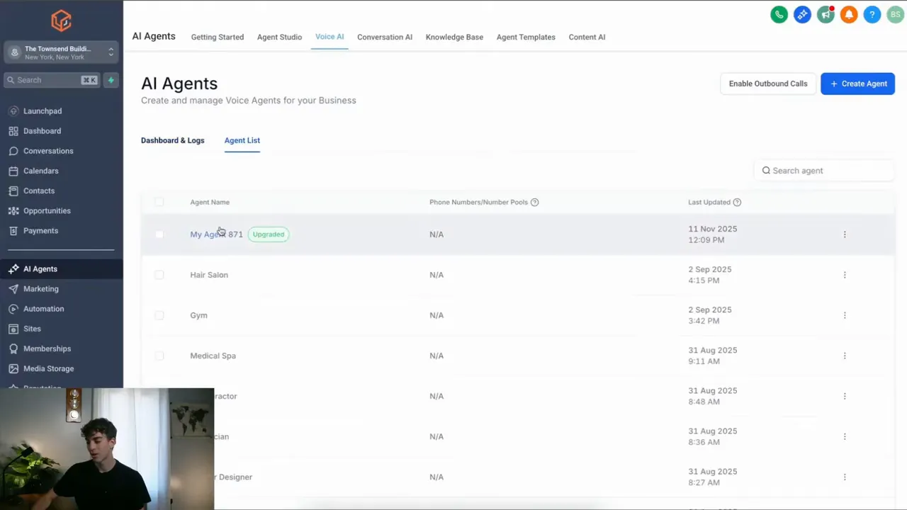 GFunnel dashboard showing the AI Agents list with several agent names and columns for phone numbers and last updated dates