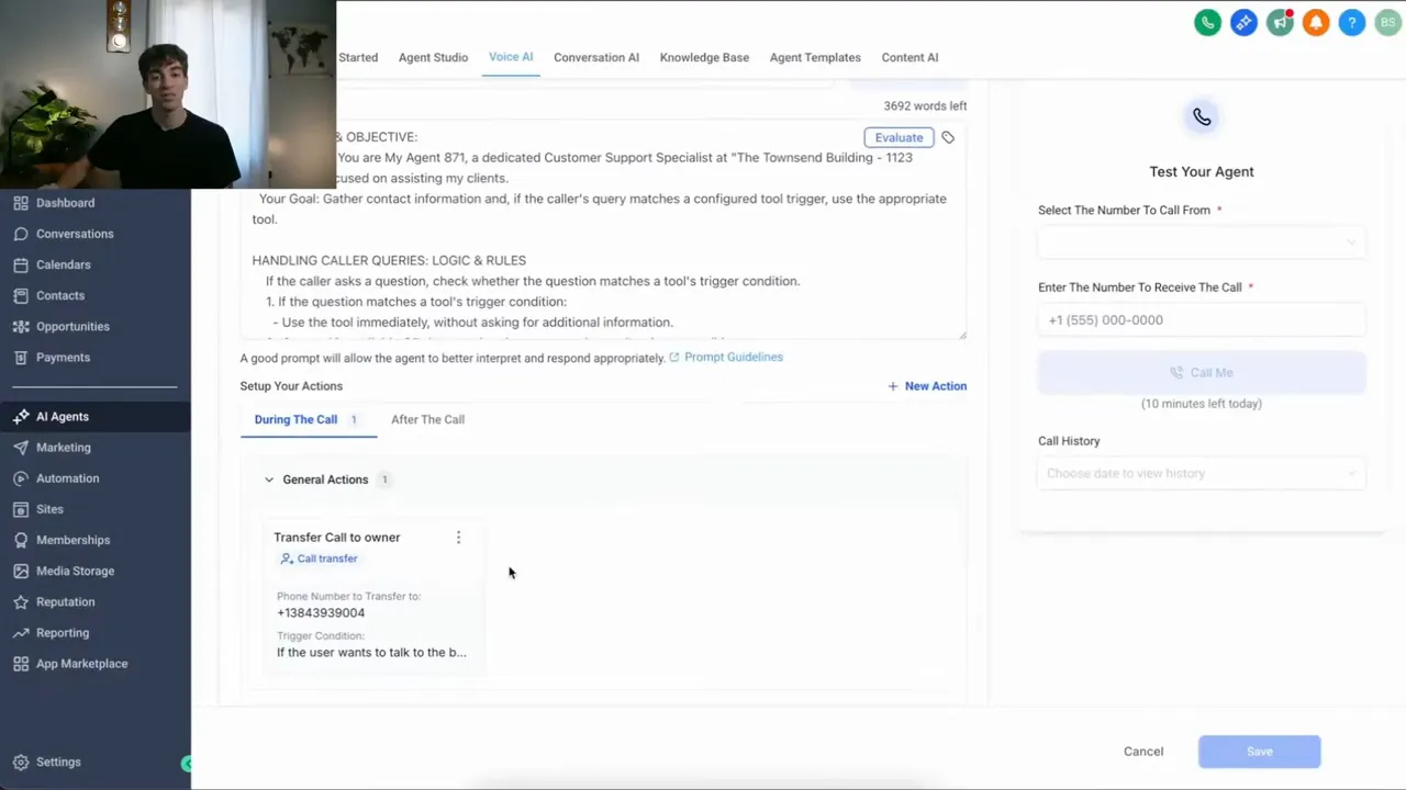 GFunnel Voice AI agent dashboard showing agent prompt area, left navigation and 'Test Your Agent' panel