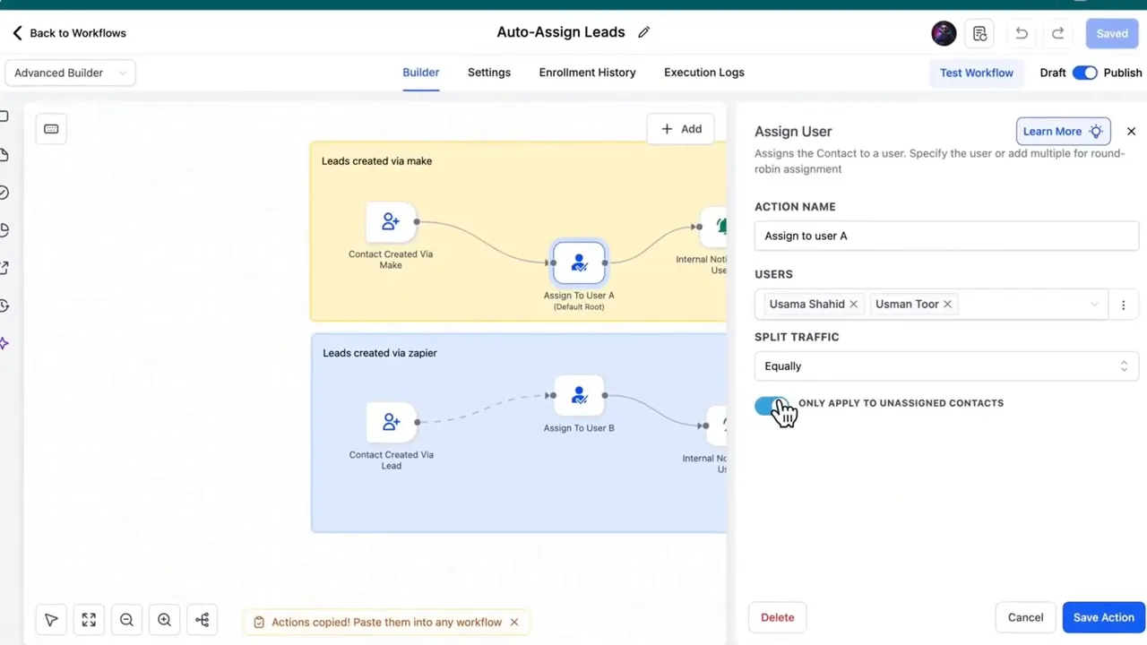 Screenshot of GFunnel automation builder with 'Auto-Assign Leads' workflow and the 'Assign User' settings panel showing users and split traffic options.