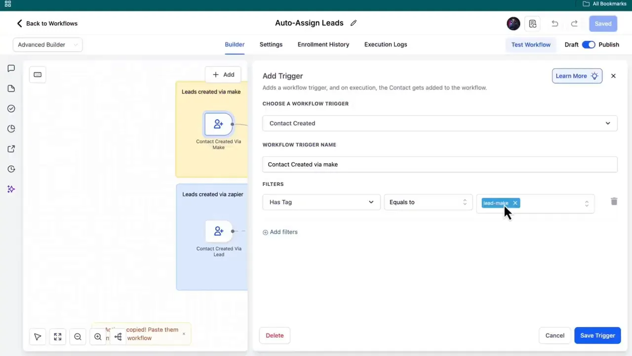 Auto-Assign Leads workflow screen showing the 'Add Trigger' panel with a tag filter selected (lead-make).