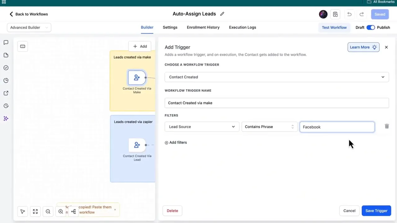 GFunnel workflow ‘Add Trigger’ panel showing Contact Created trigger and Lead Source filter set to Facebook