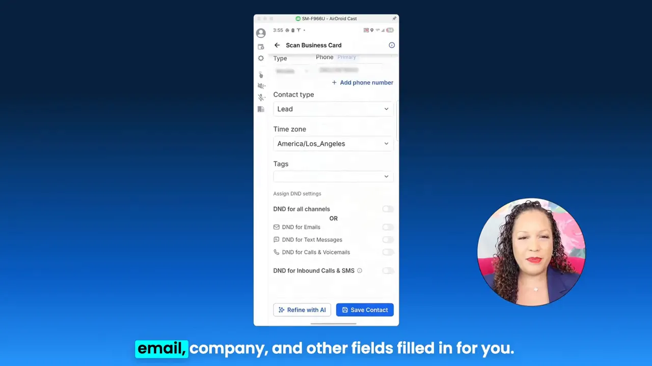 Mobile app contact form populated from a scanned business card showing contact type, timezone, tags and Save Contact button