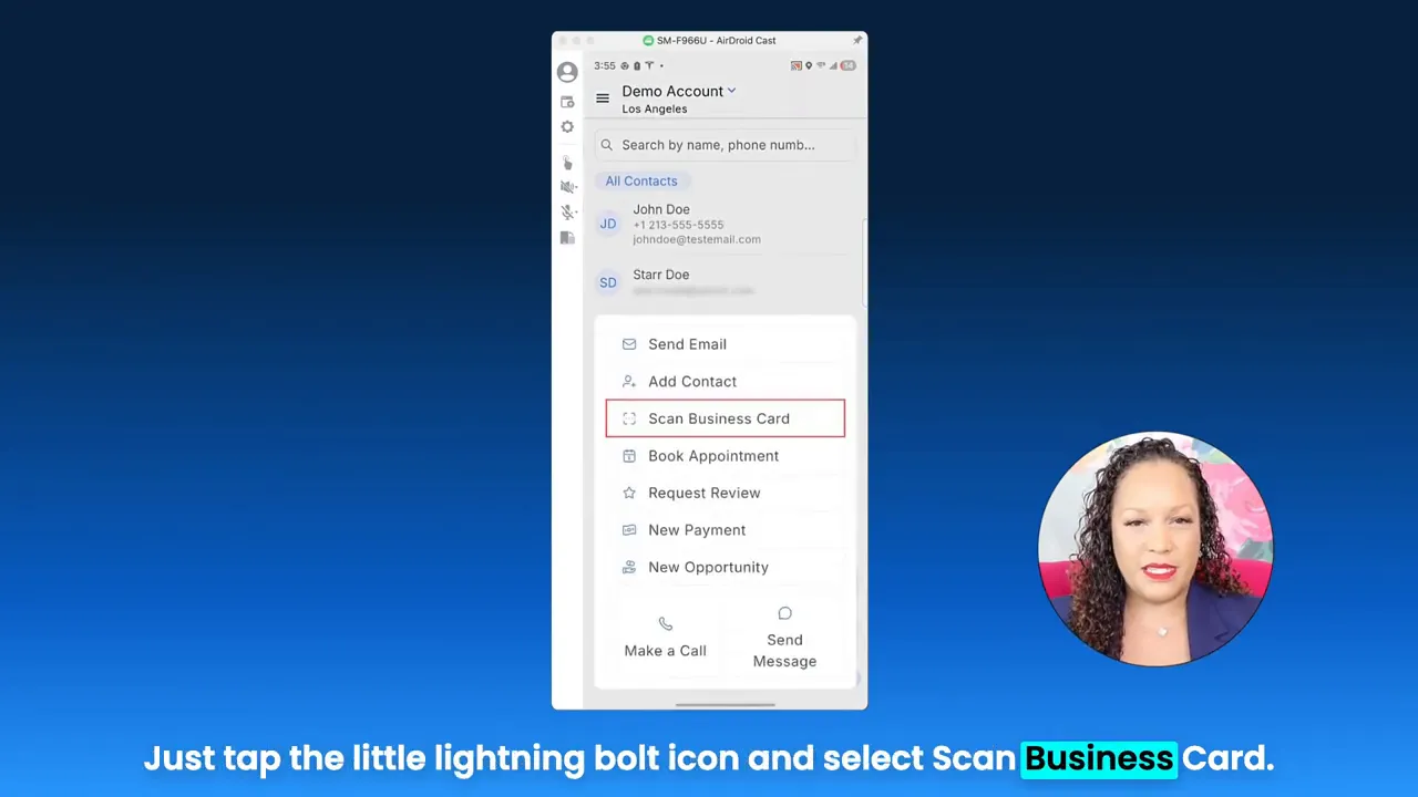 Mobile app menu with the 'Scan Business Card' option highlighted and presenter thumbnail.