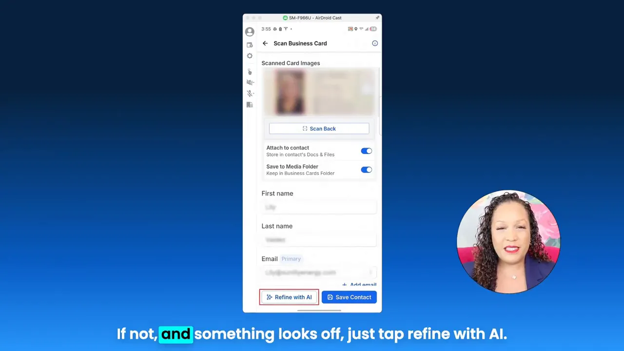 Mobile contact review showing scanned card image, toggles for saving, and a highlighted 'Refine with AI' button next to 'Save Contact'.