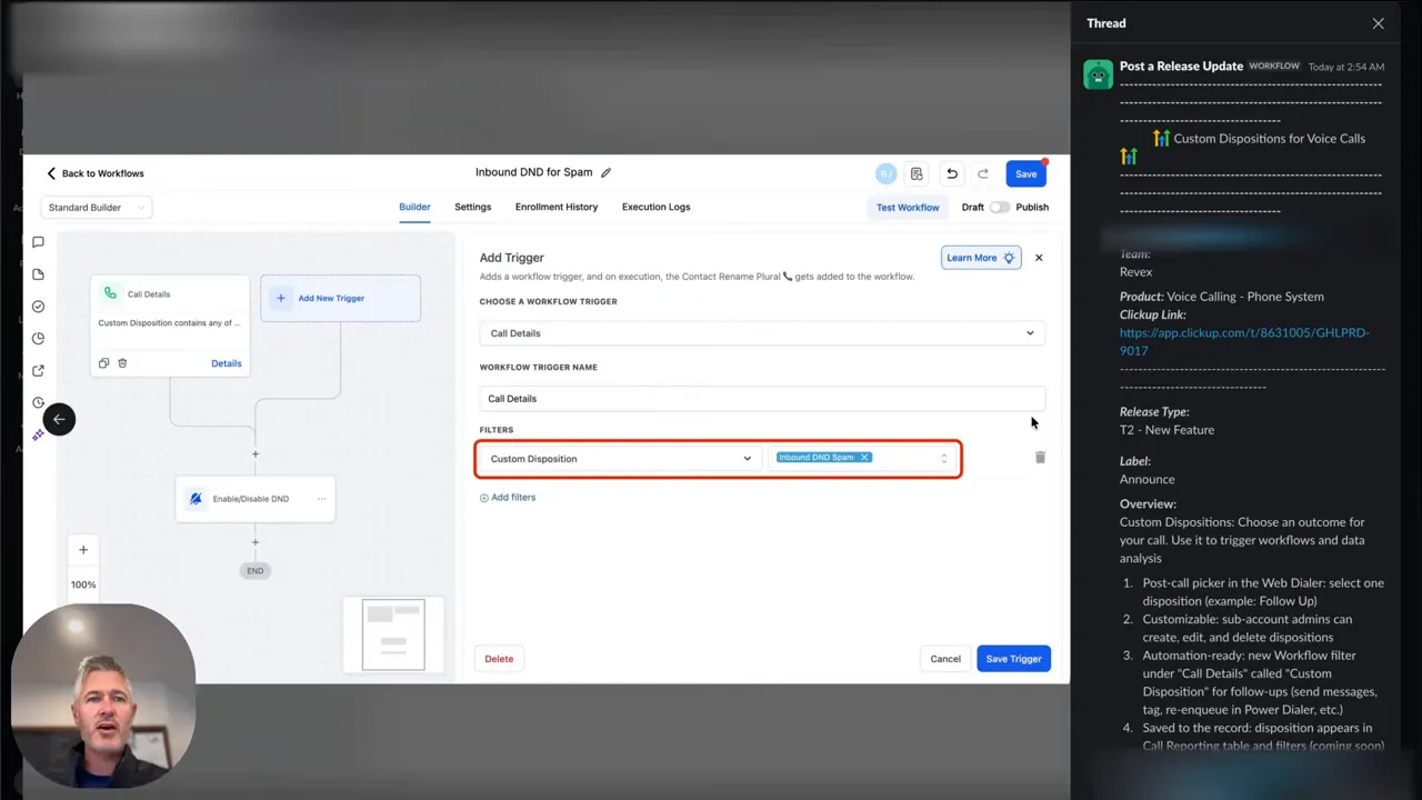 Workflow builder screen with Add Trigger panel and Custom Disposition filter highlighted in red.