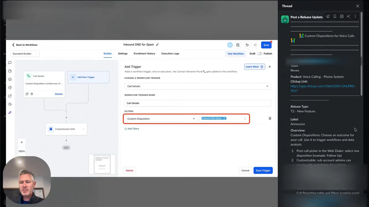 Crisp GFunnel workflow Add Trigger screen showing Custom Disposition filter outlined in red, small presenter thumbnail