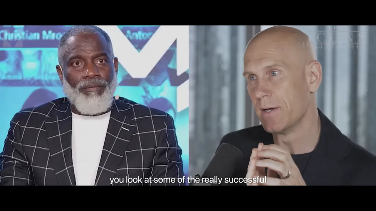 Split-screen of the presenter and host engaged in discussion, subtitle reads 