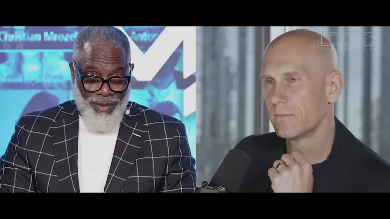 Clean split-screen interview: presenter in a checkered blazer on the left and a host by a microphone on the right; no distracting subtitles.