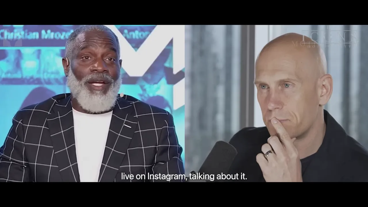 Split-screen interview with presenter and host discussing promotion; subtitle reads 'live on Instagram, talking about it.'