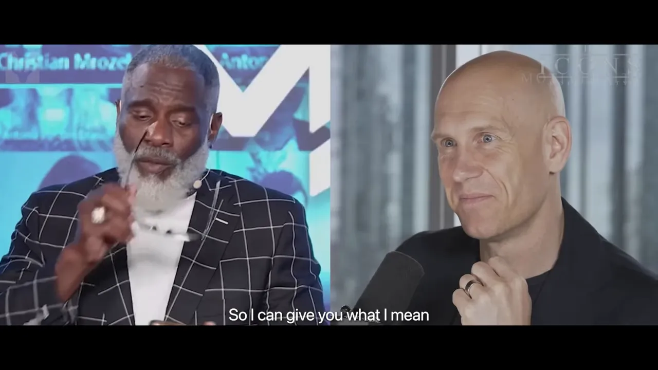 Split-screen of two hosts in conversation (one on the left, one on the right), conveying collaboration, connection, and integration between perspectives.