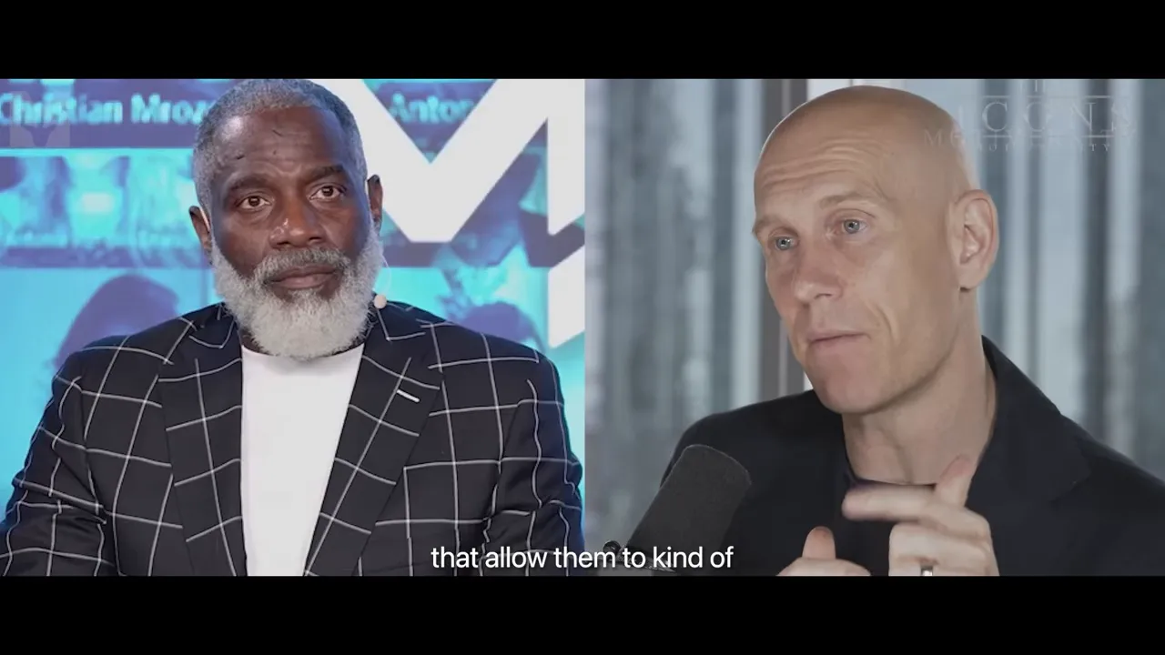 Split-screen interview showing two engaged presenters speaking to camera and microphone, framed side-by-side.