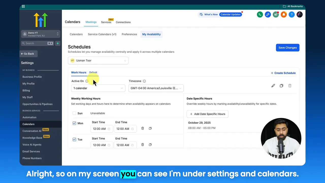 GFunnel Calendars > Schedules settings screen showing weekly working hours, timezone and templates with a presenter video bubble.