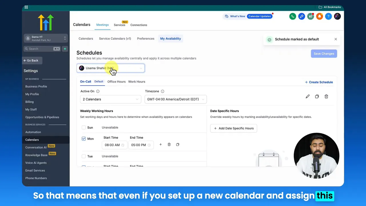 GFunnel Schedules screen with weekly working hours and a 'Schedule marked as default' confirmation toast