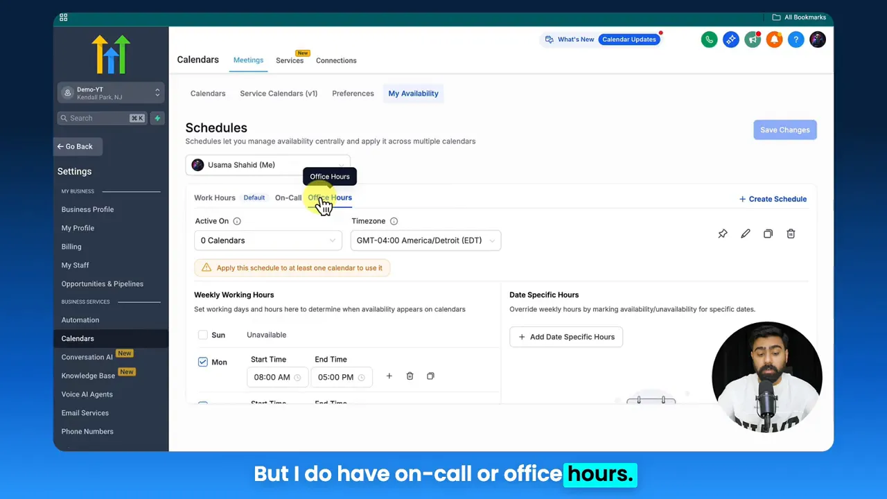GFunnel schedules settings screen with 'Office Hours' tooltip and weekly working hours fields