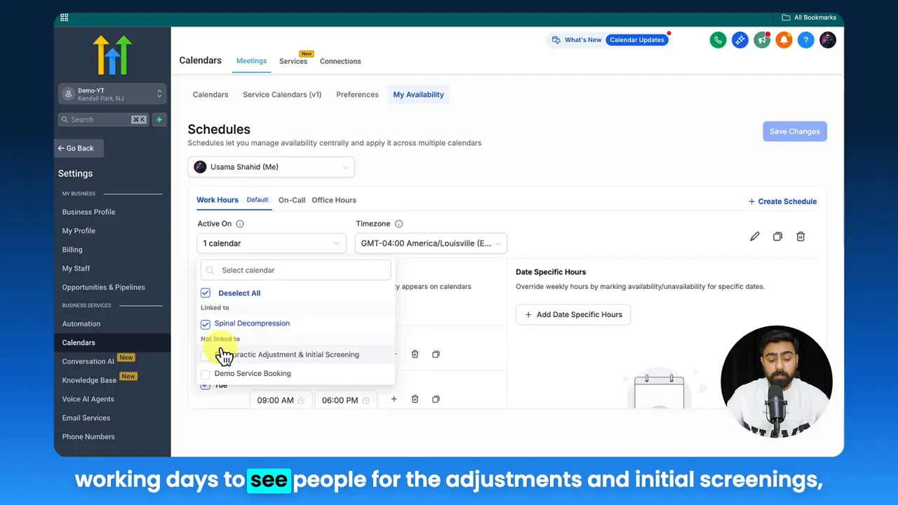 GFunnel Schedules page with calendar mapping dropdown selecting service calendars