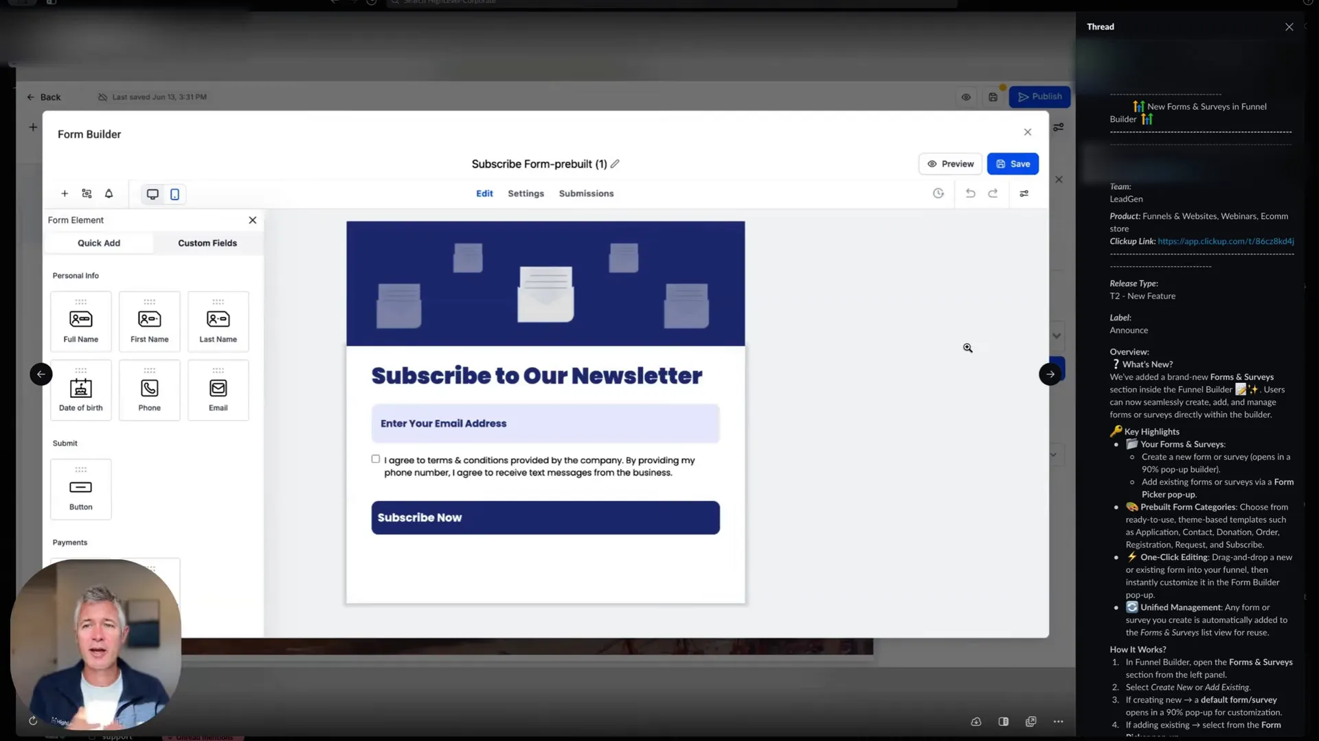 Inline editing of forms in GFunnel funnel builder interface