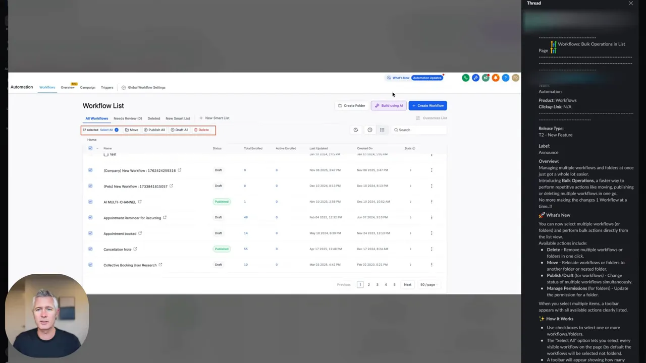 High-clarity screenshot of GFunnel Workflow List with visible bulk action buttons and right-side thread/details panel.