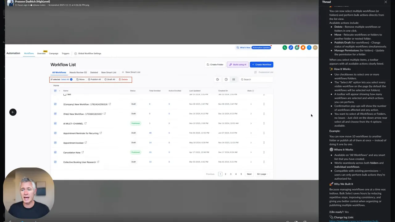 High-resolution GFunnel workflow list with multiple workflows selected and bulk actions like Move, Publish, Draft, Delete visible
